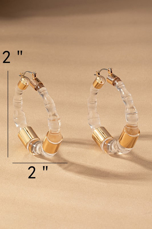 Clear Lucite & Metal Bamboo Hoop Earrings