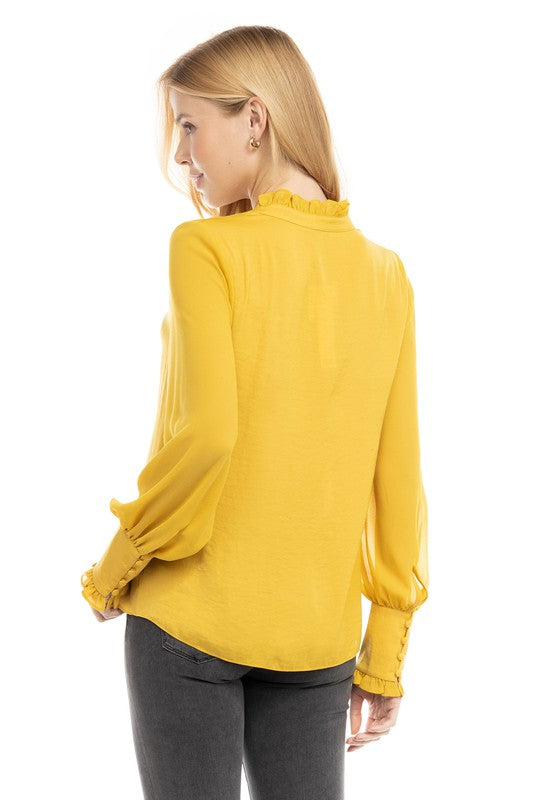 Long Sleeve Tie Neck Contrast Sleeve Blouse