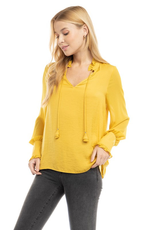 Long Sleeve Tie Neck Contrast Sleeve Blouse