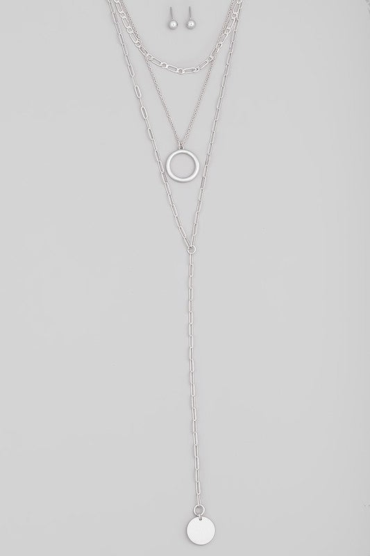 Layered Chain Lariat Disc Charm Necklace Set (Pick Color)
