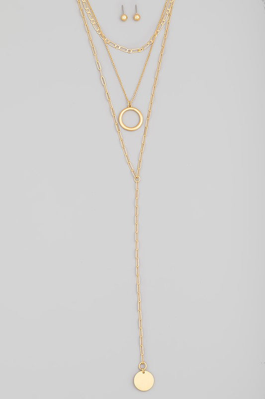 Layered Chain Lariat Disc Charm Necklace Set (Pick Color)