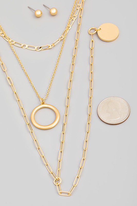 Layered Chain Lariat Disc Charm Necklace Set (Pick Color)