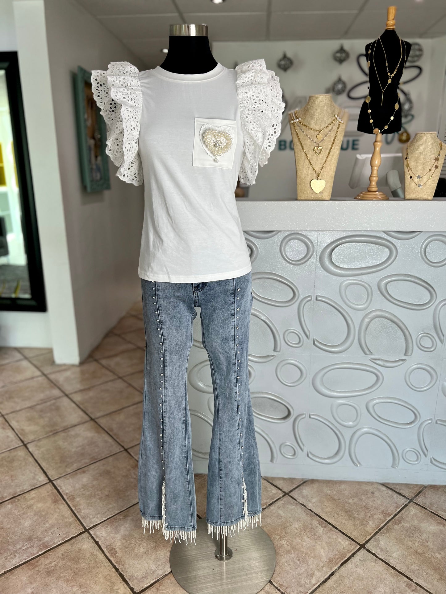 Ruffle Short Sleeve Pearl Detail Shirt Top