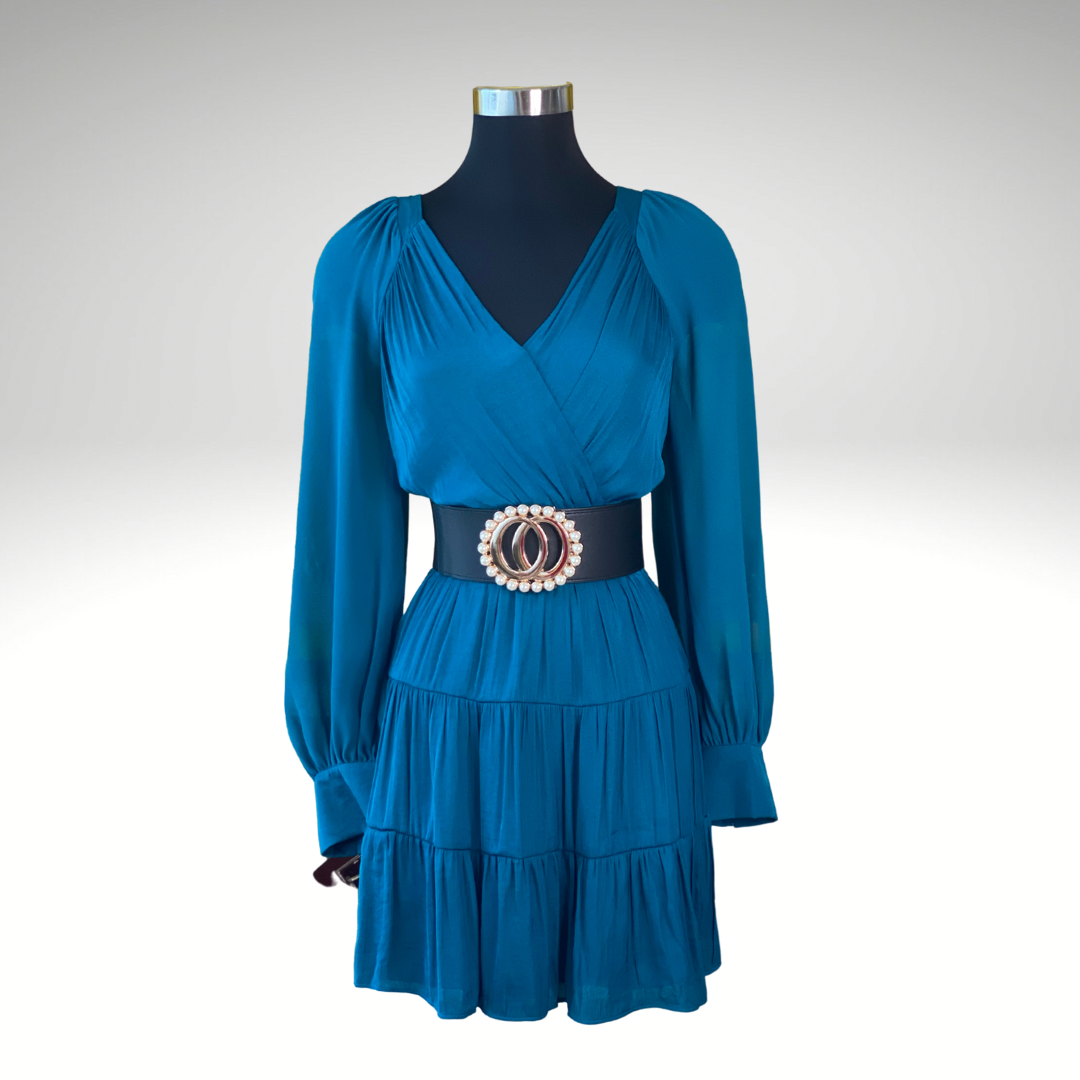 Contrast Long Sleeve Surplice Tiered Dress (Pick Color)