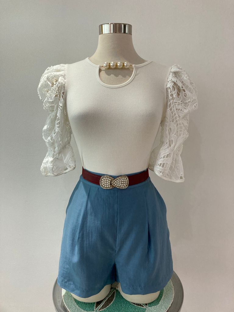 Knitted Solid Pearl Trim Top with Laced Sleeve