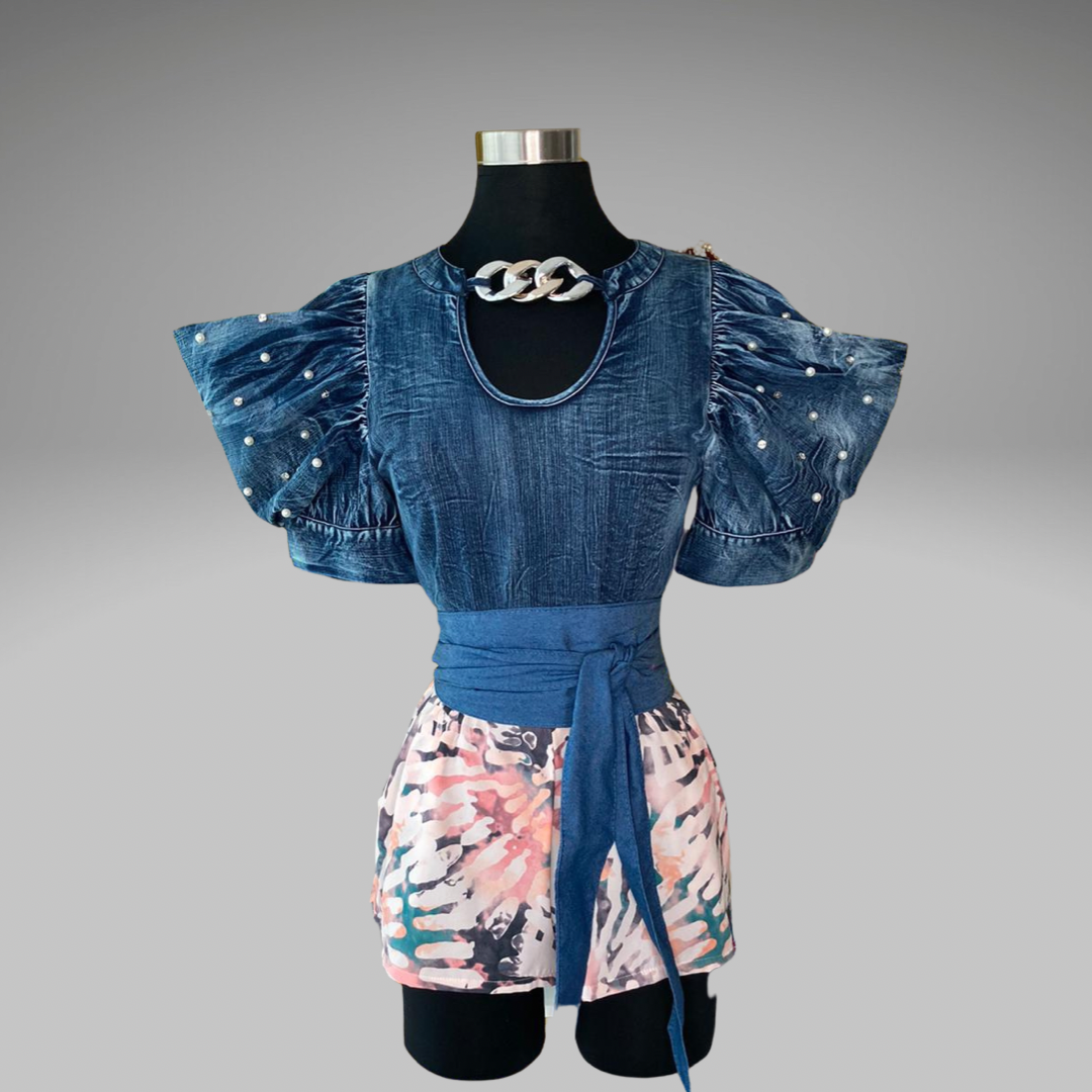 Puffed Sleeve Chain Detail Denim Top