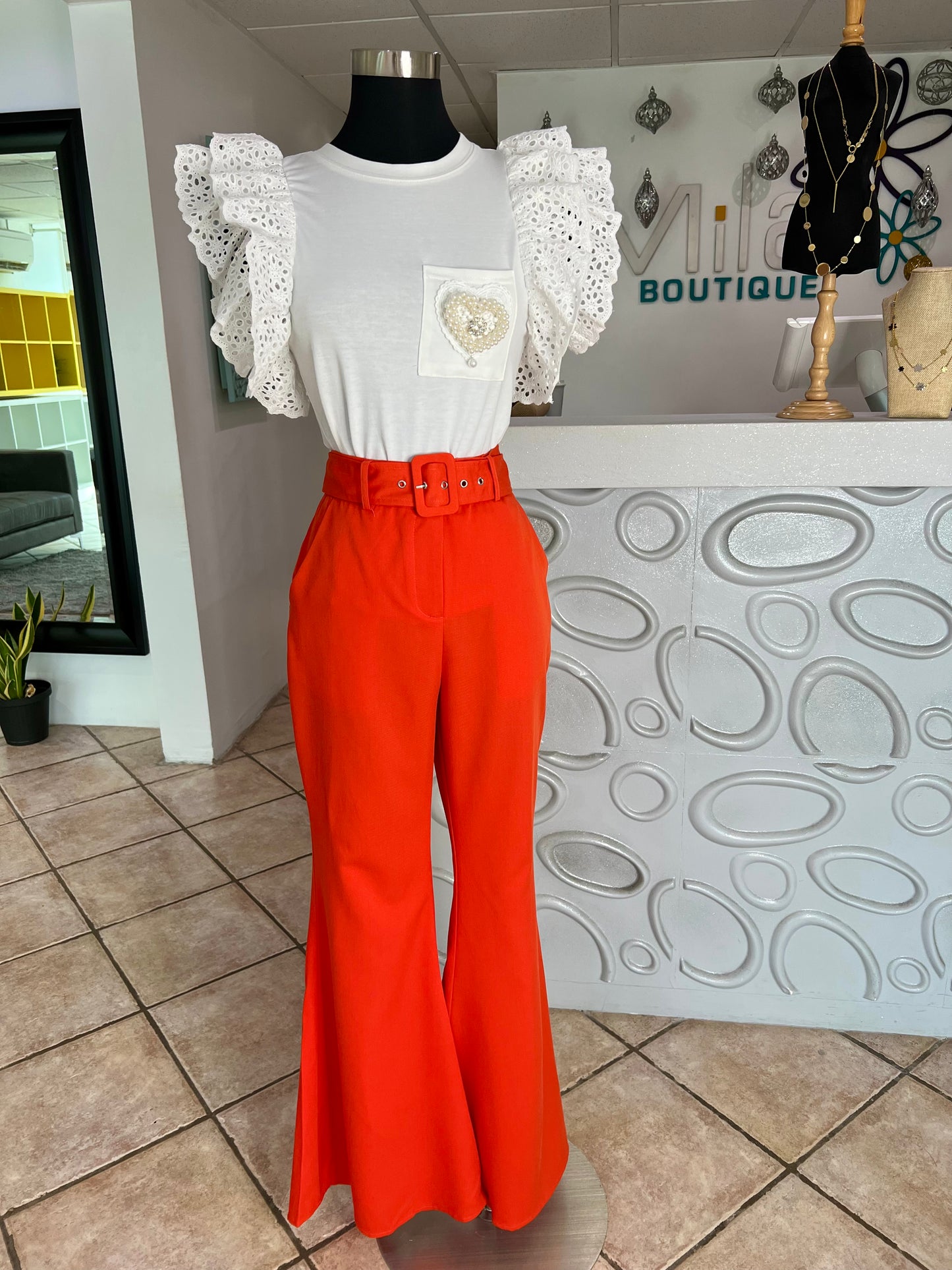 Ruffle Short Sleeve Pearl Detail Shirt Top