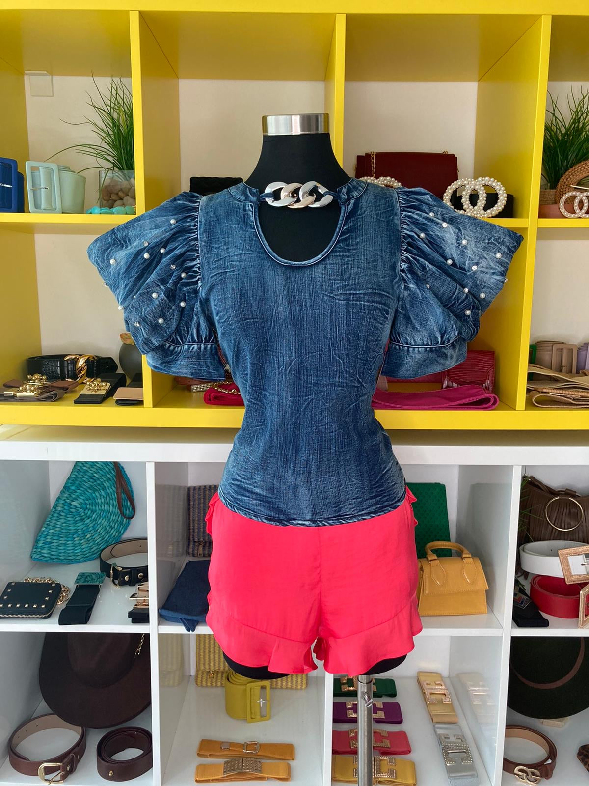 Puffed Sleeve Chain Detail Denim Top