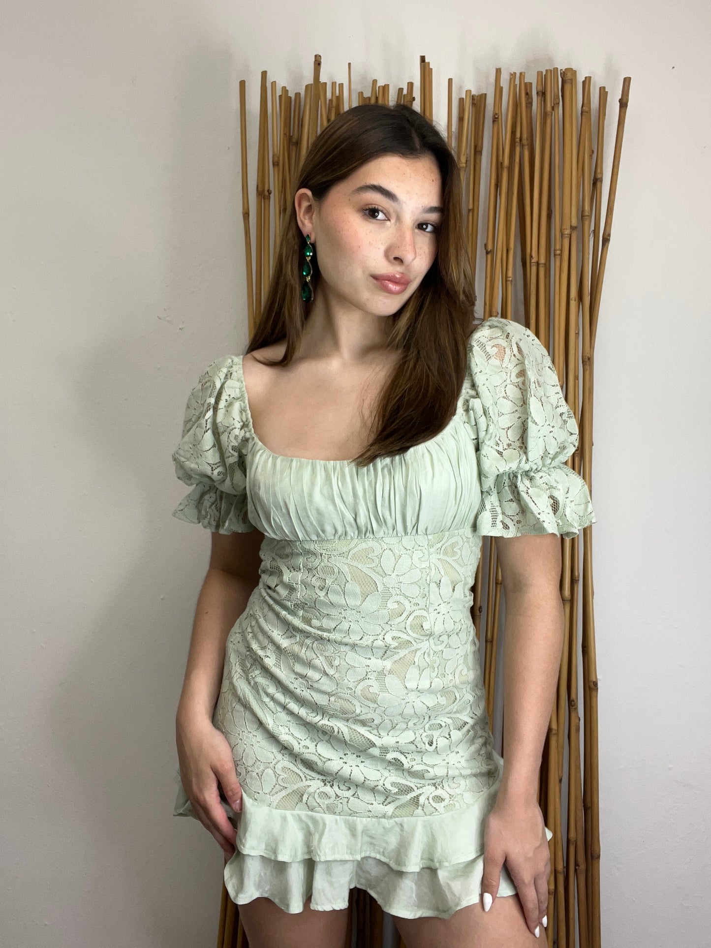 Double Frill Hem Puff Sleeves Lined Lace Dress