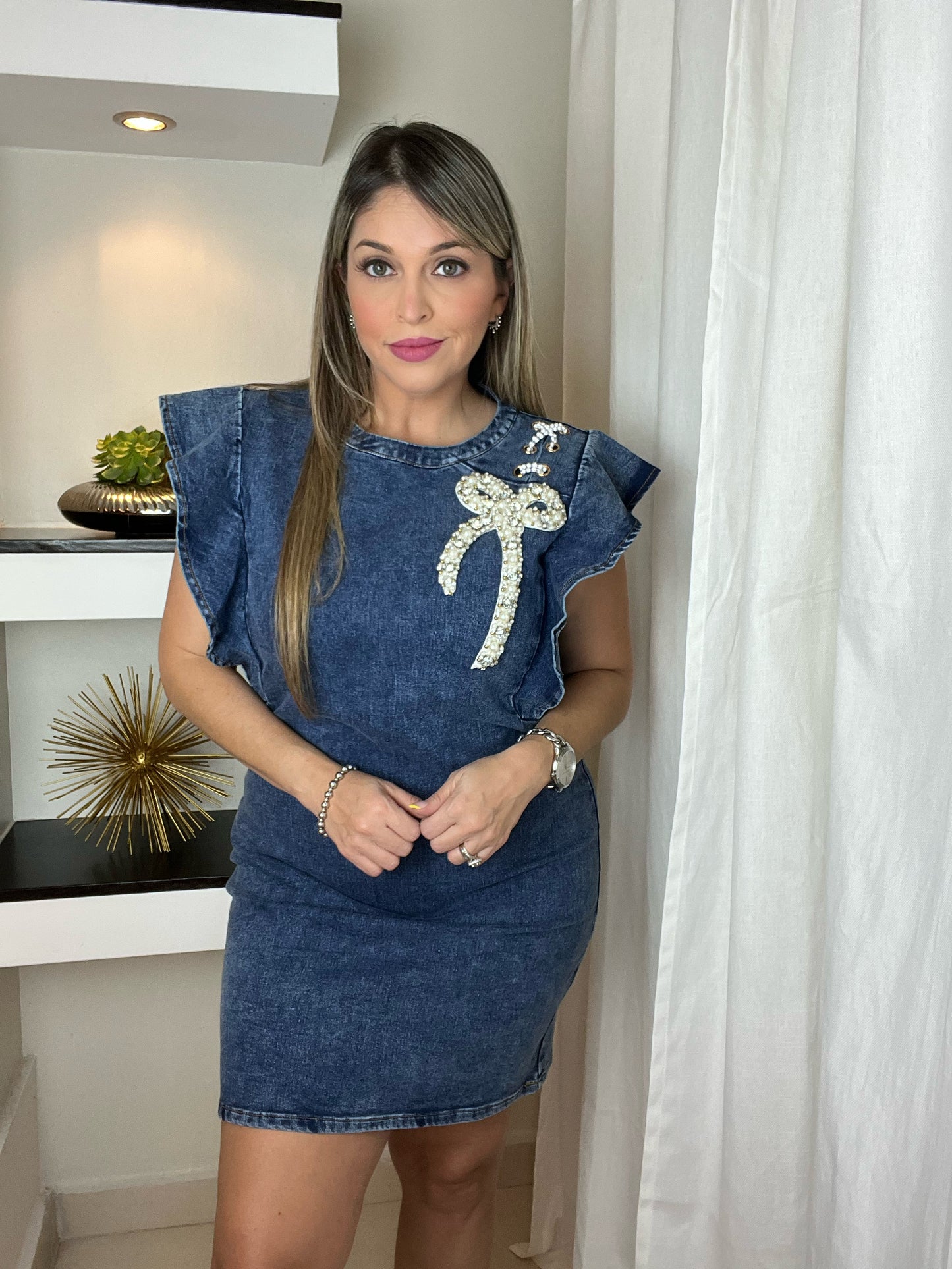 Ruffle Sleeve Rhinestone Detail Denim Dress