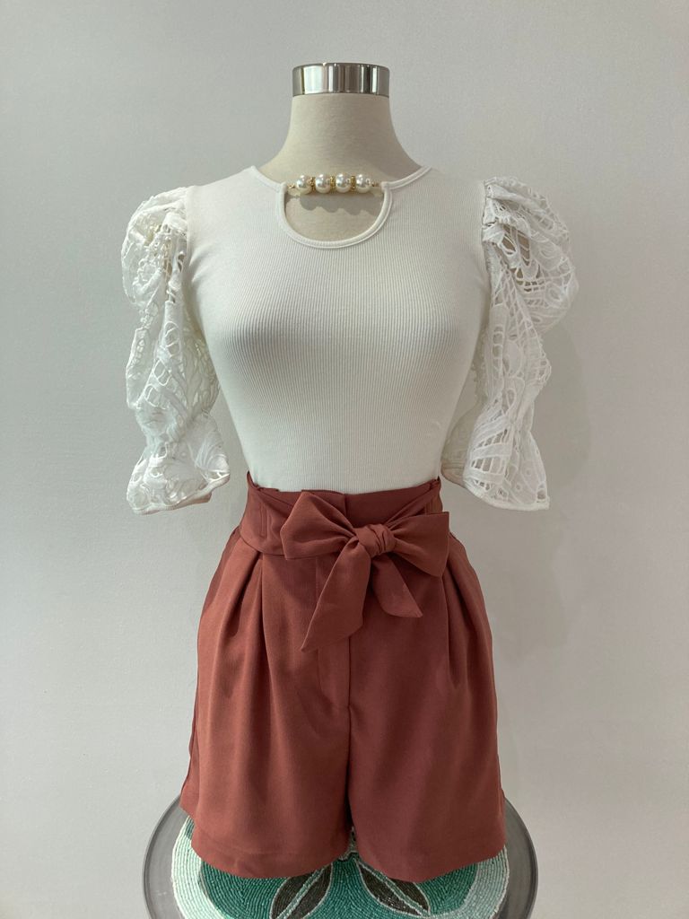 Knitted Solid Pearl Trim Top with Laced Sleeve