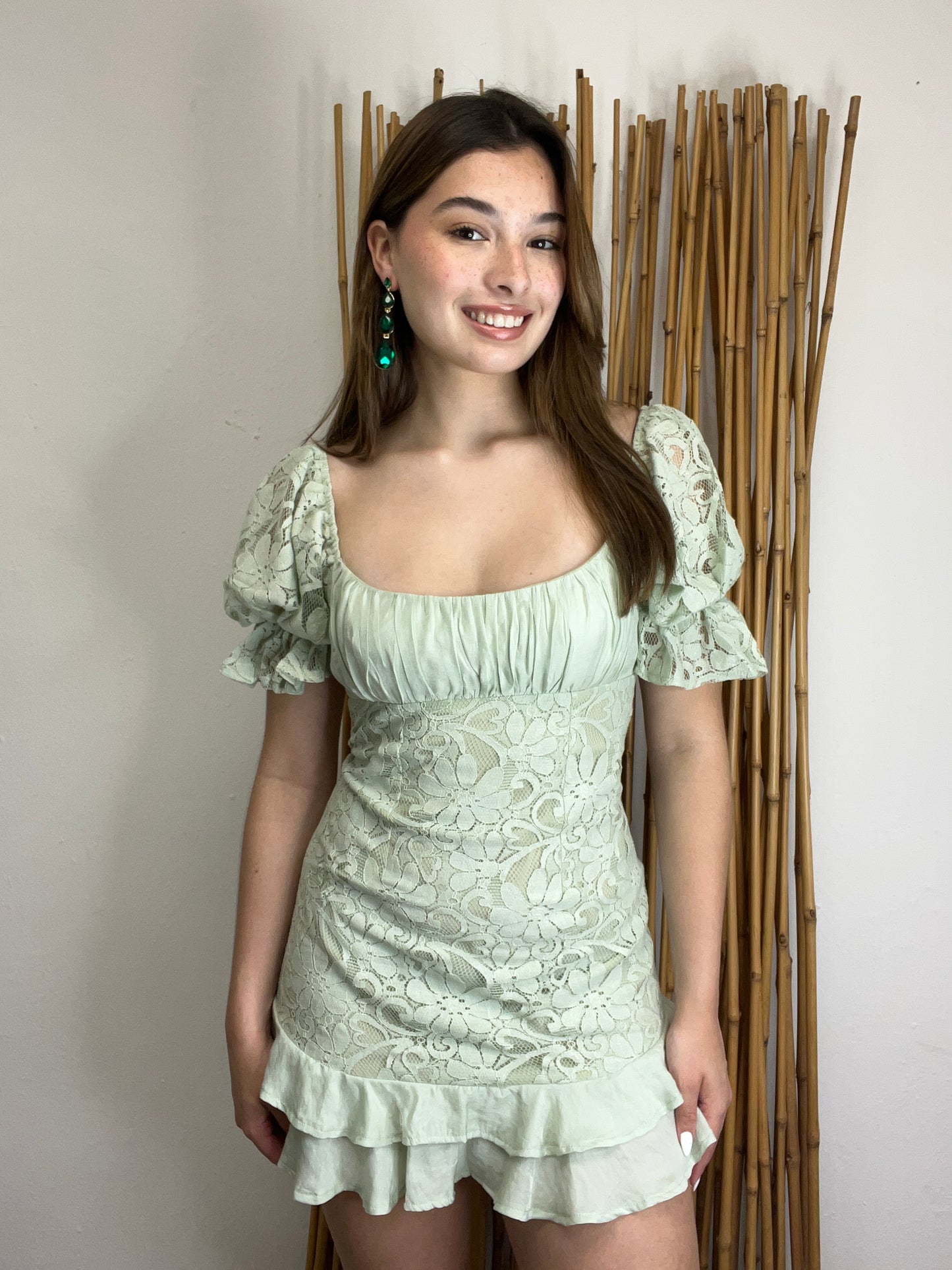 Double Frill Hem Puff Sleeves Lined Lace Dress