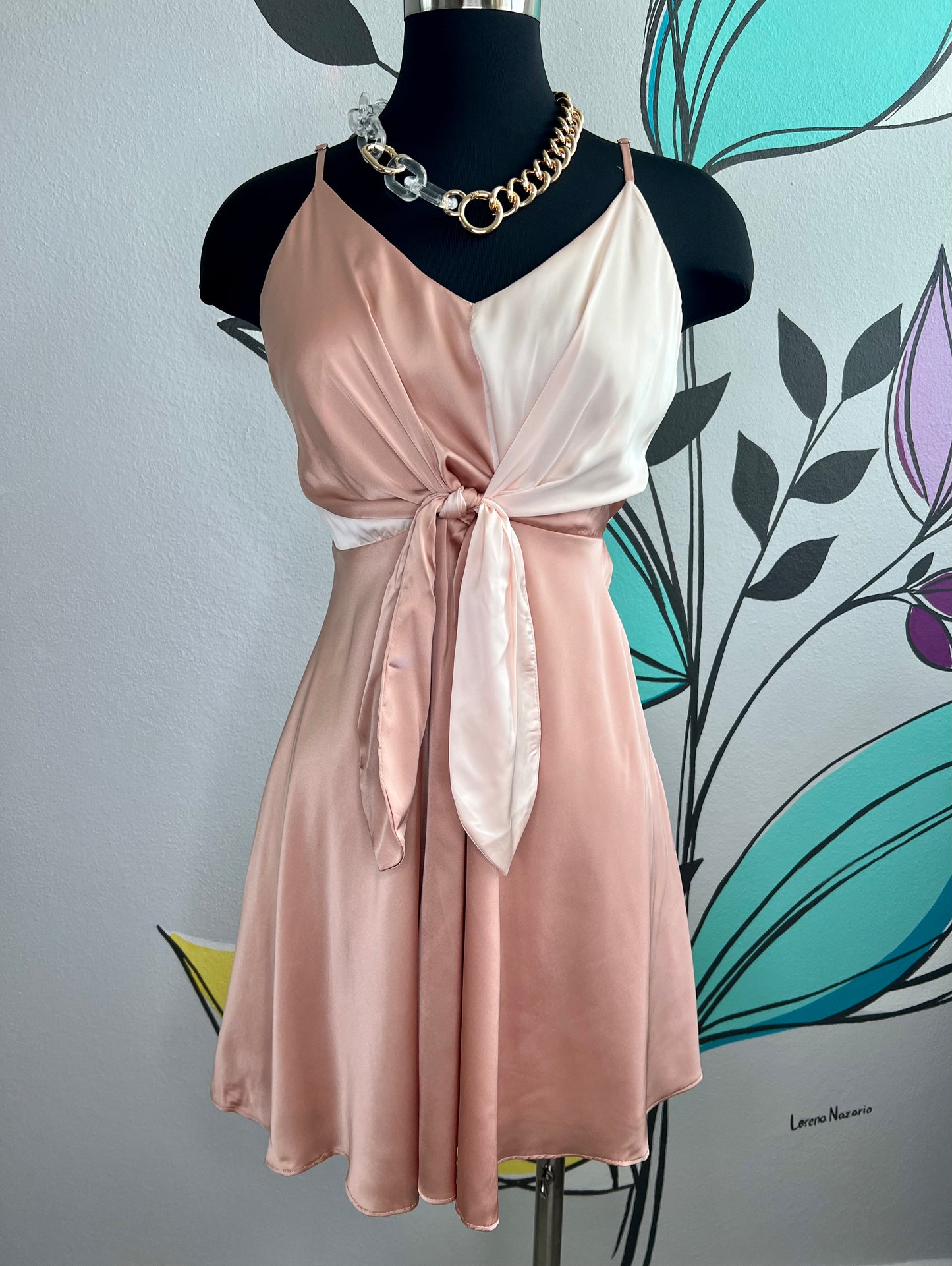 Front Tie Color Block Satin Mini Dress