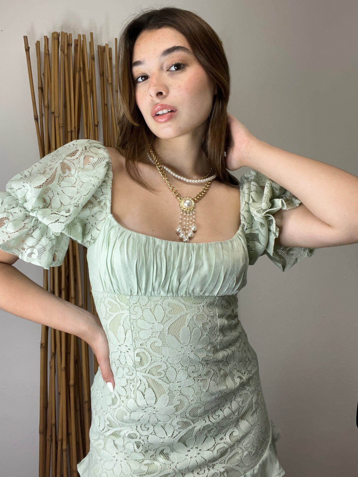 Double Frill Hem Puff Sleeves Lined Lace Dress