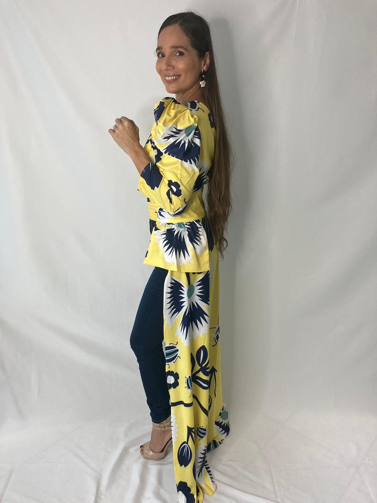 Navy Flowers Yellow Hi Low Top