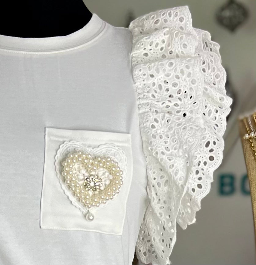 Ruffle Short Sleeve Pearl Detail Shirt Top