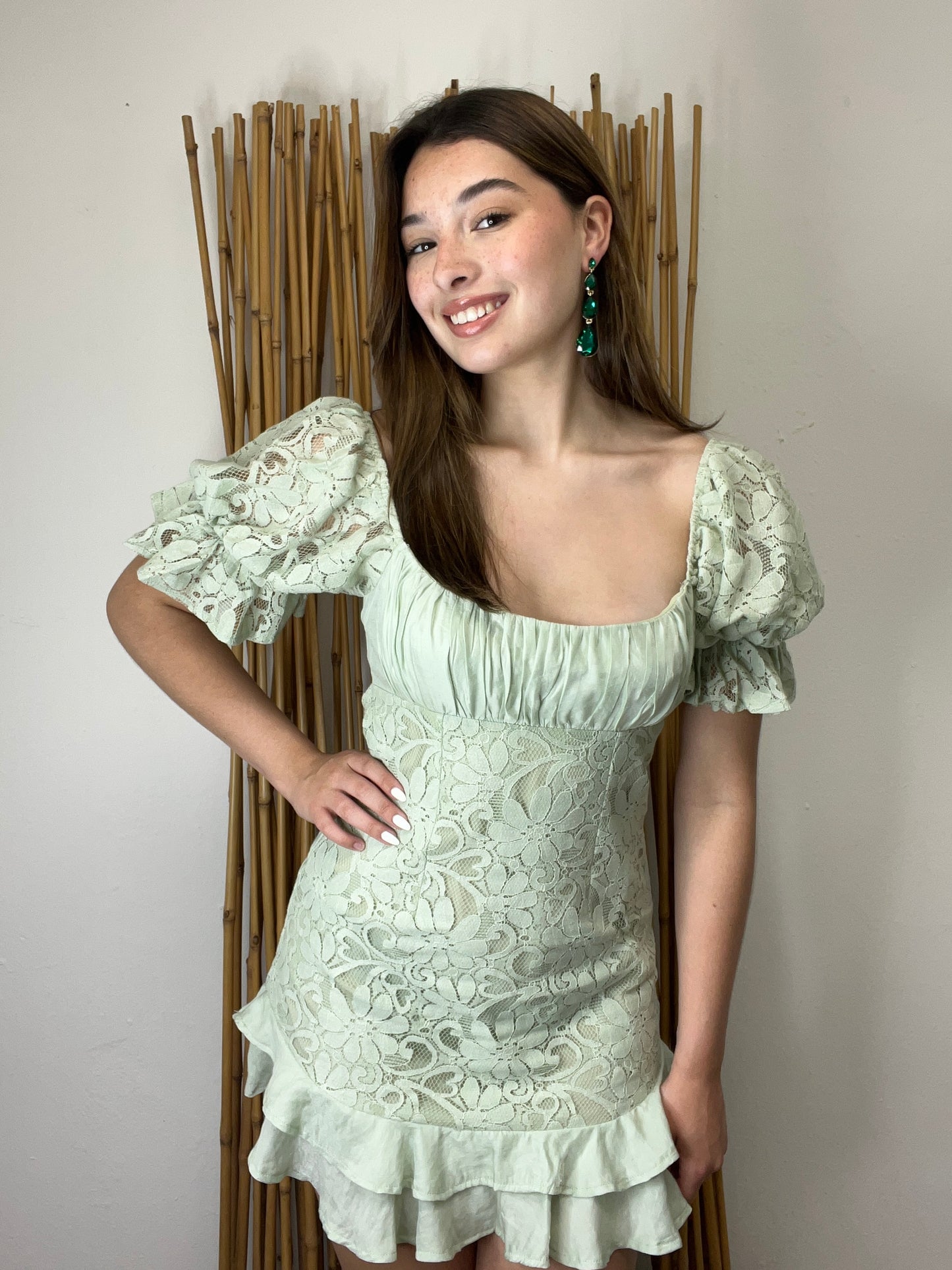 Double Frill Hem Puff Sleeves Lined Lace Dress