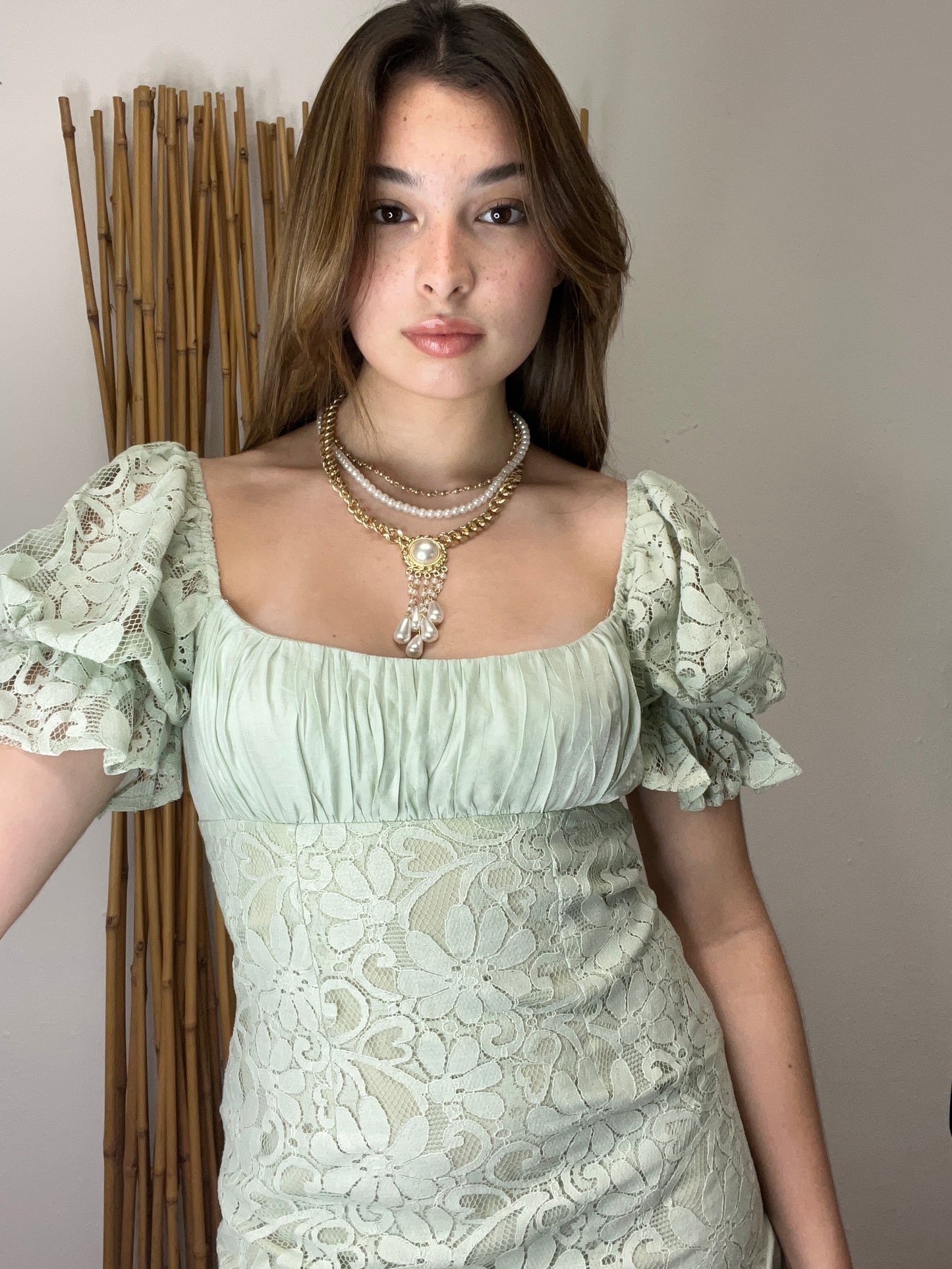 Double Frill Hem Puff Sleeves Lined Lace Dress