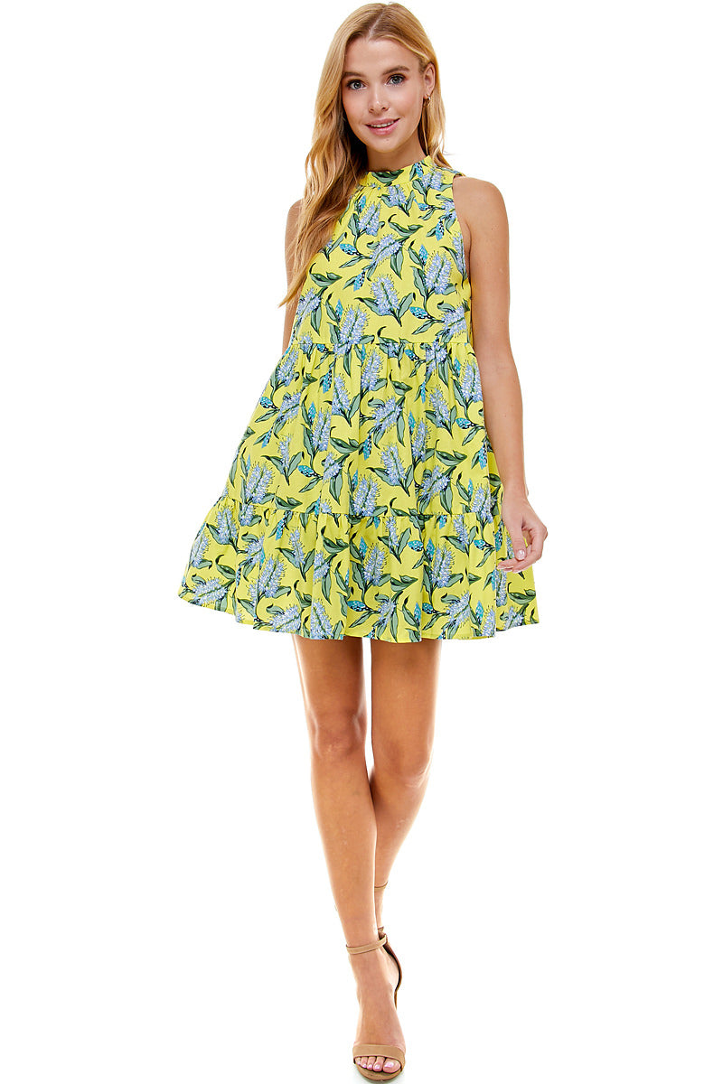 Floral Print Mock Neck Short Dress