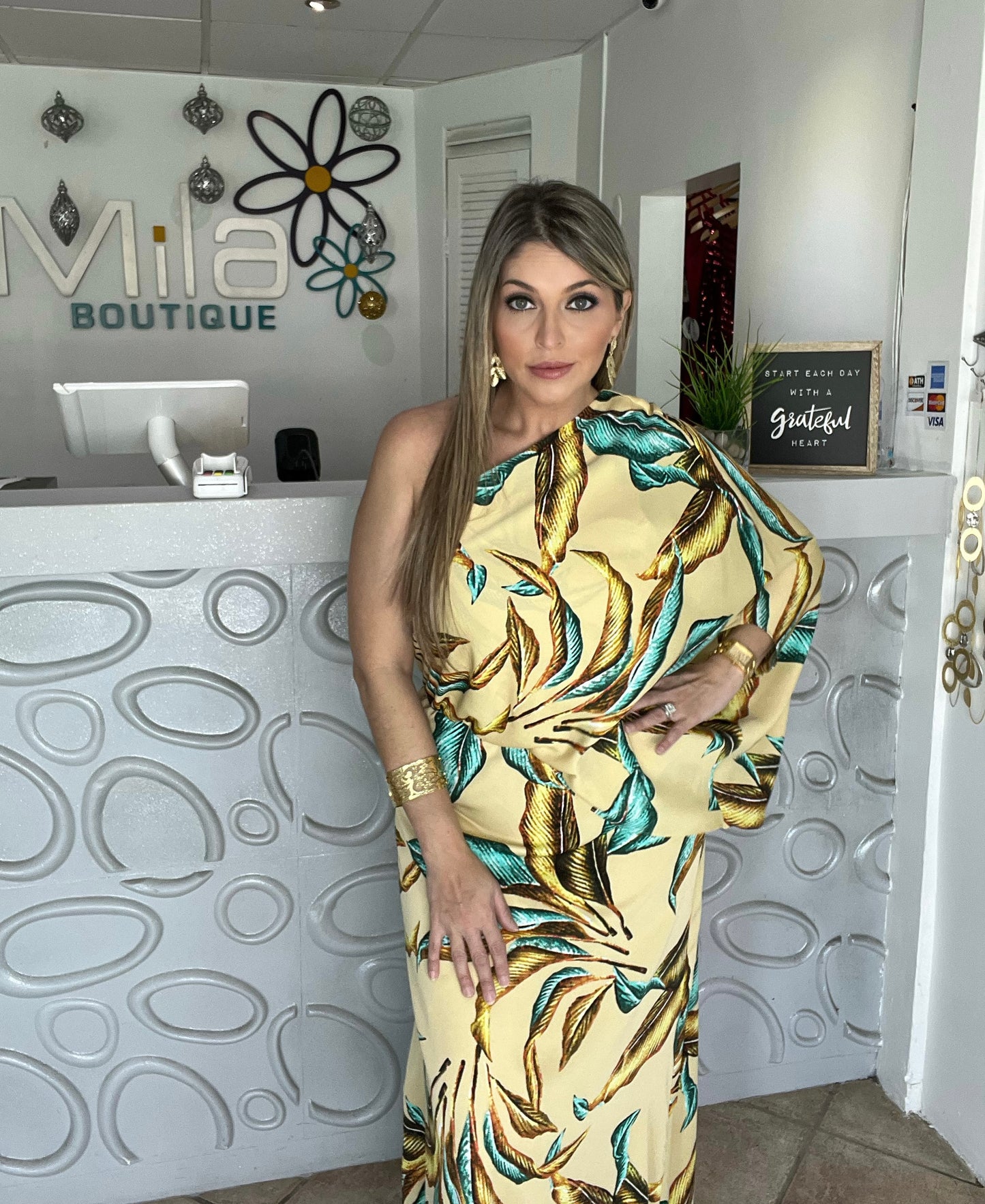 Leaf Print Slouchy One Shoulder Maxi Dress