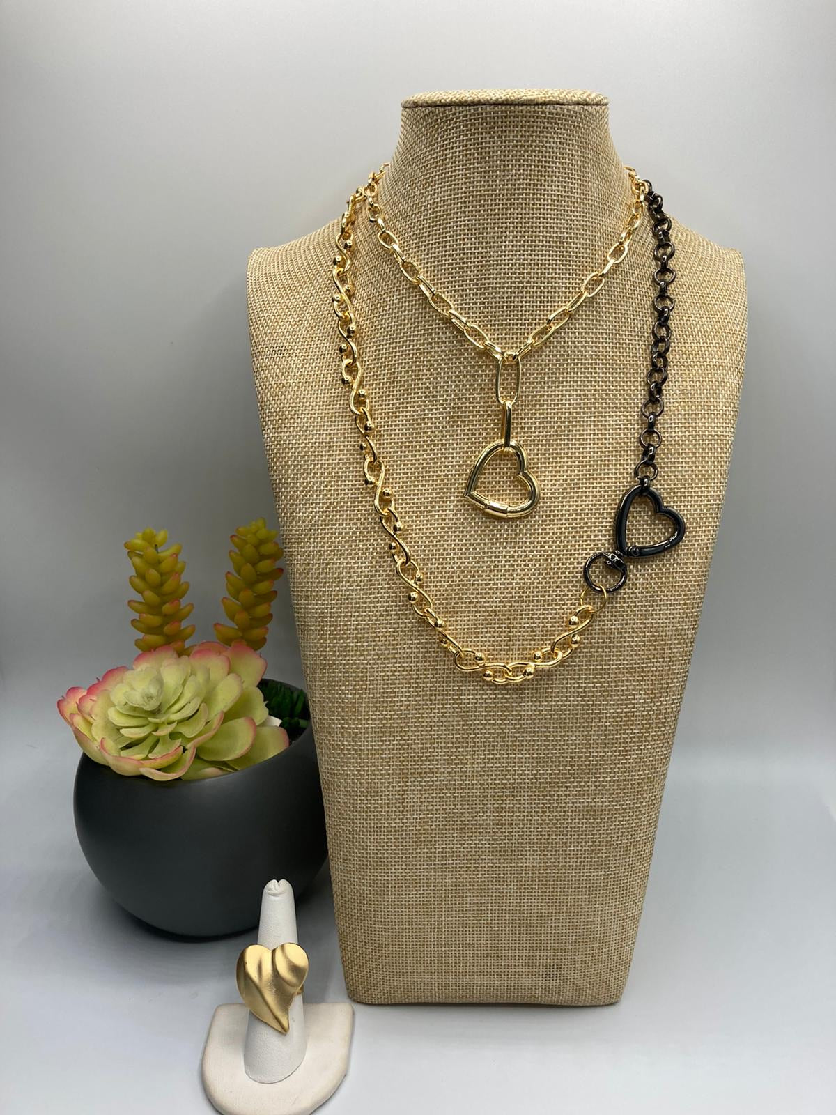 Mix Chains Two Tones Heart Necklace