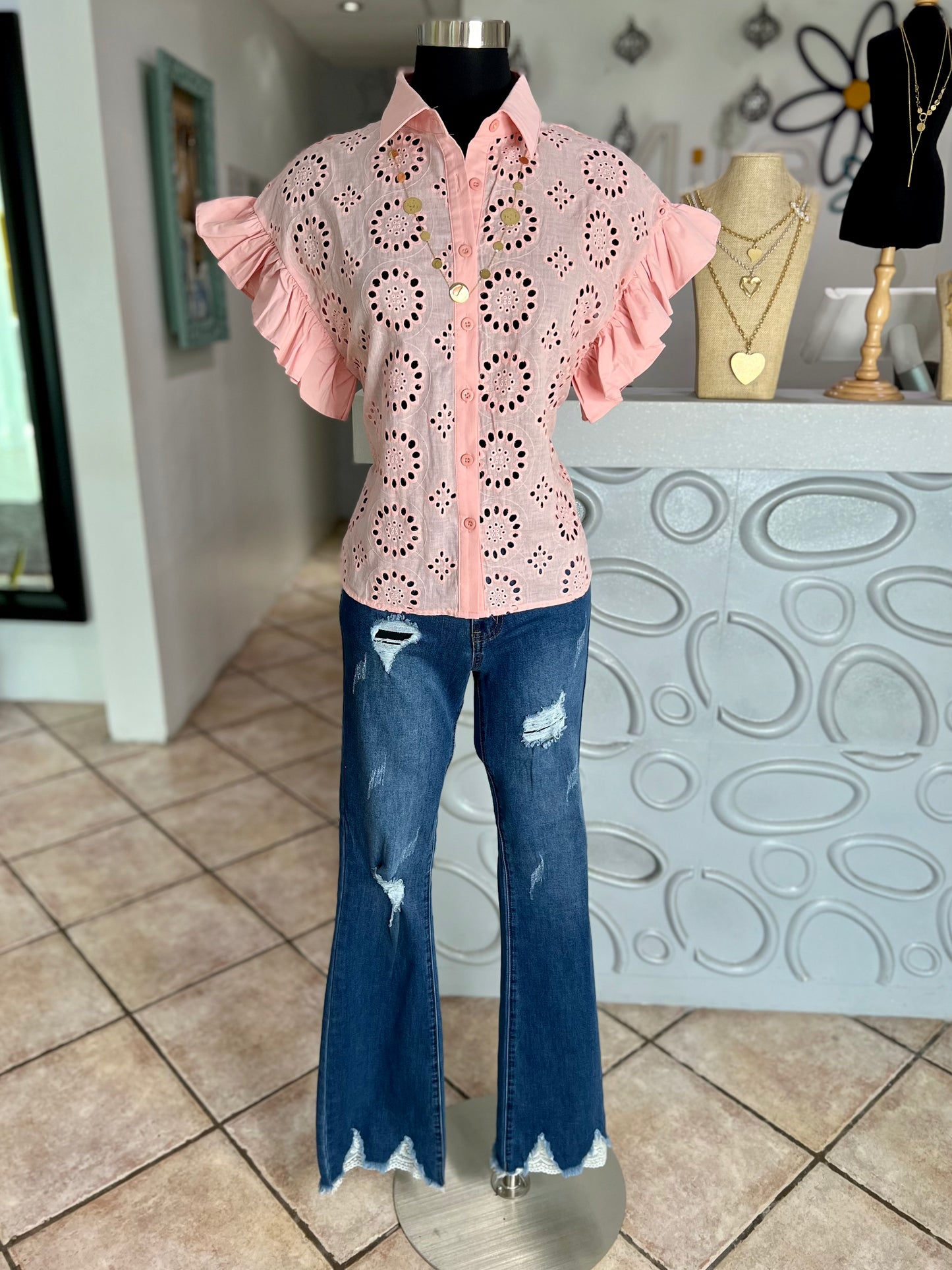Bell Sleeve Keyhole Button Down Shirt Top