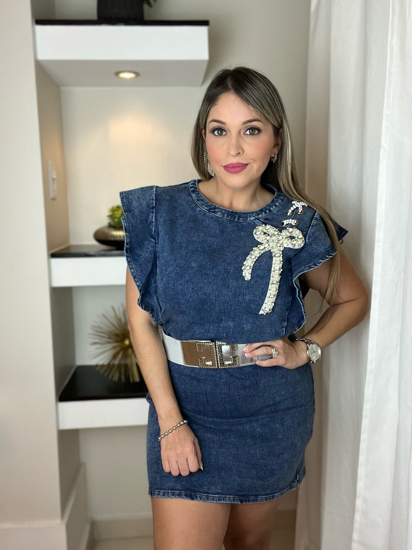 Ruffle Sleeve Rhinestone Detail Denim Dress