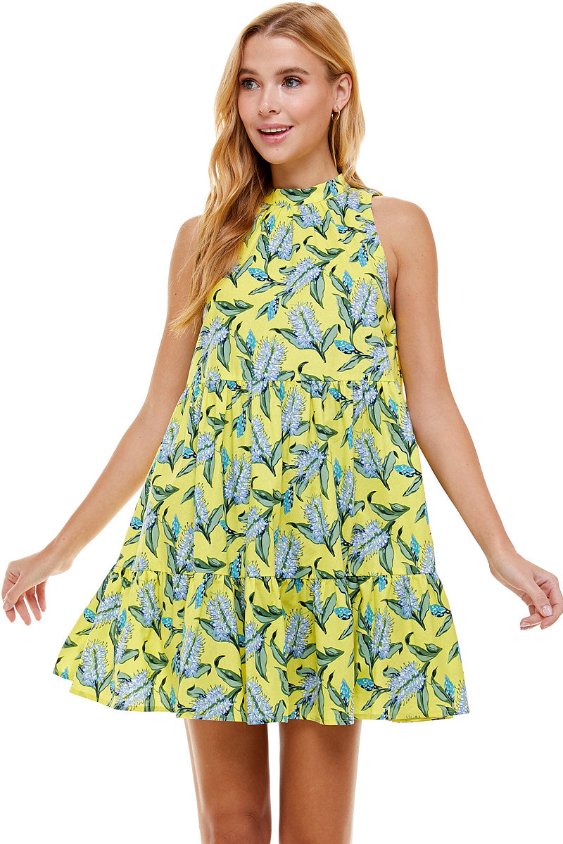Floral Print Mock Neck Short Dress