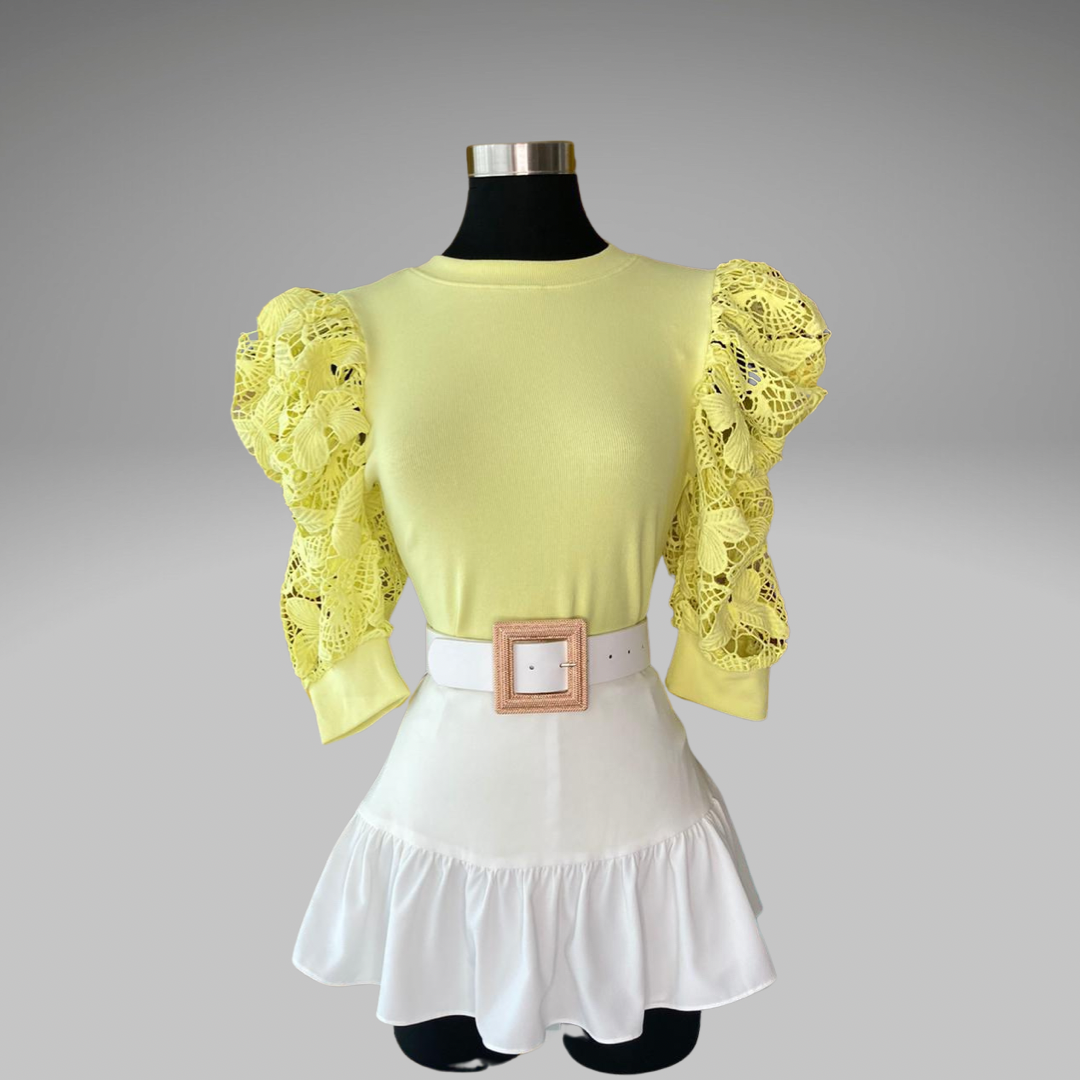 Lemon Lace Detail Puff Sleeve Top
