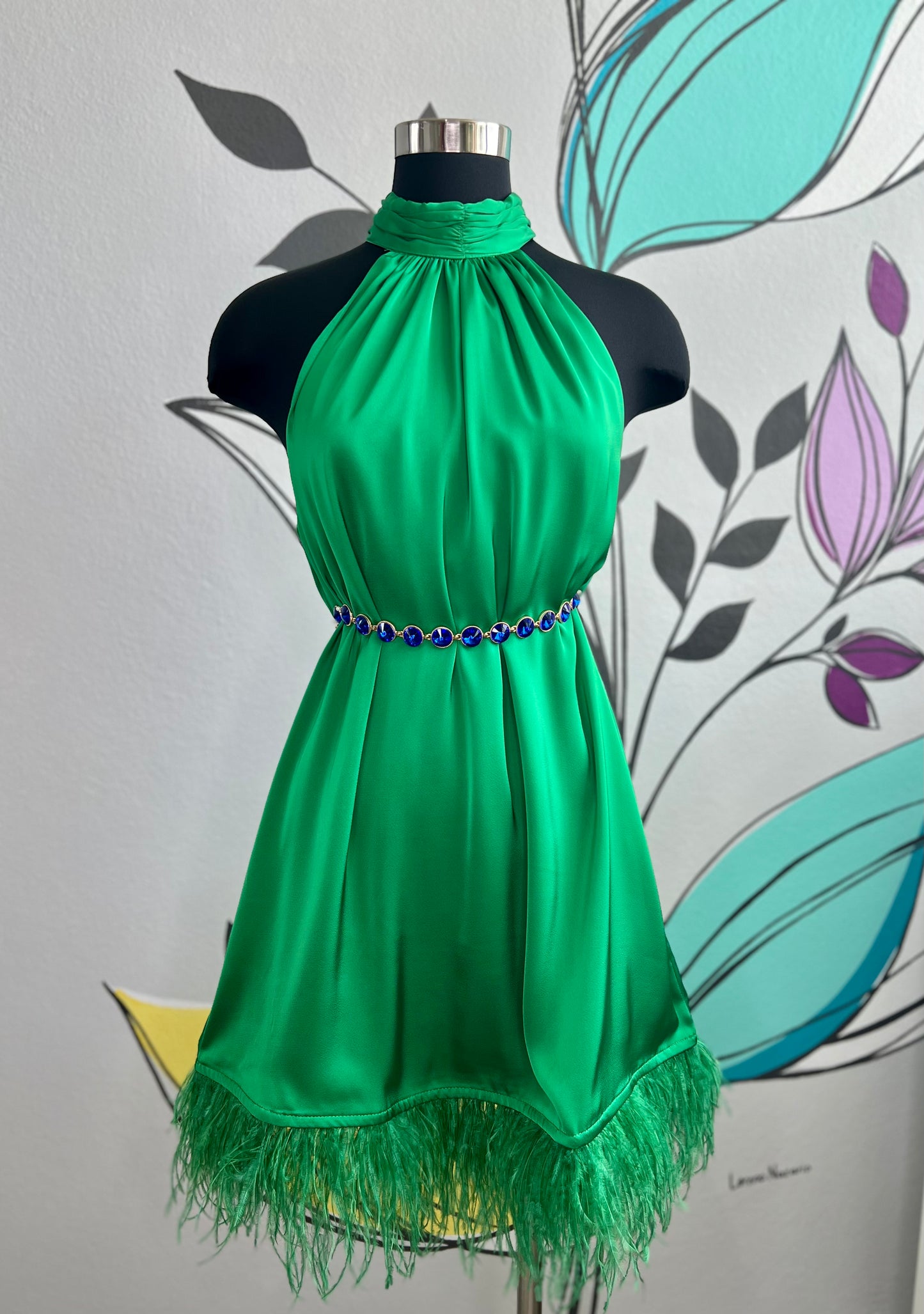 Halter Neck Feather Trim Satin Dress