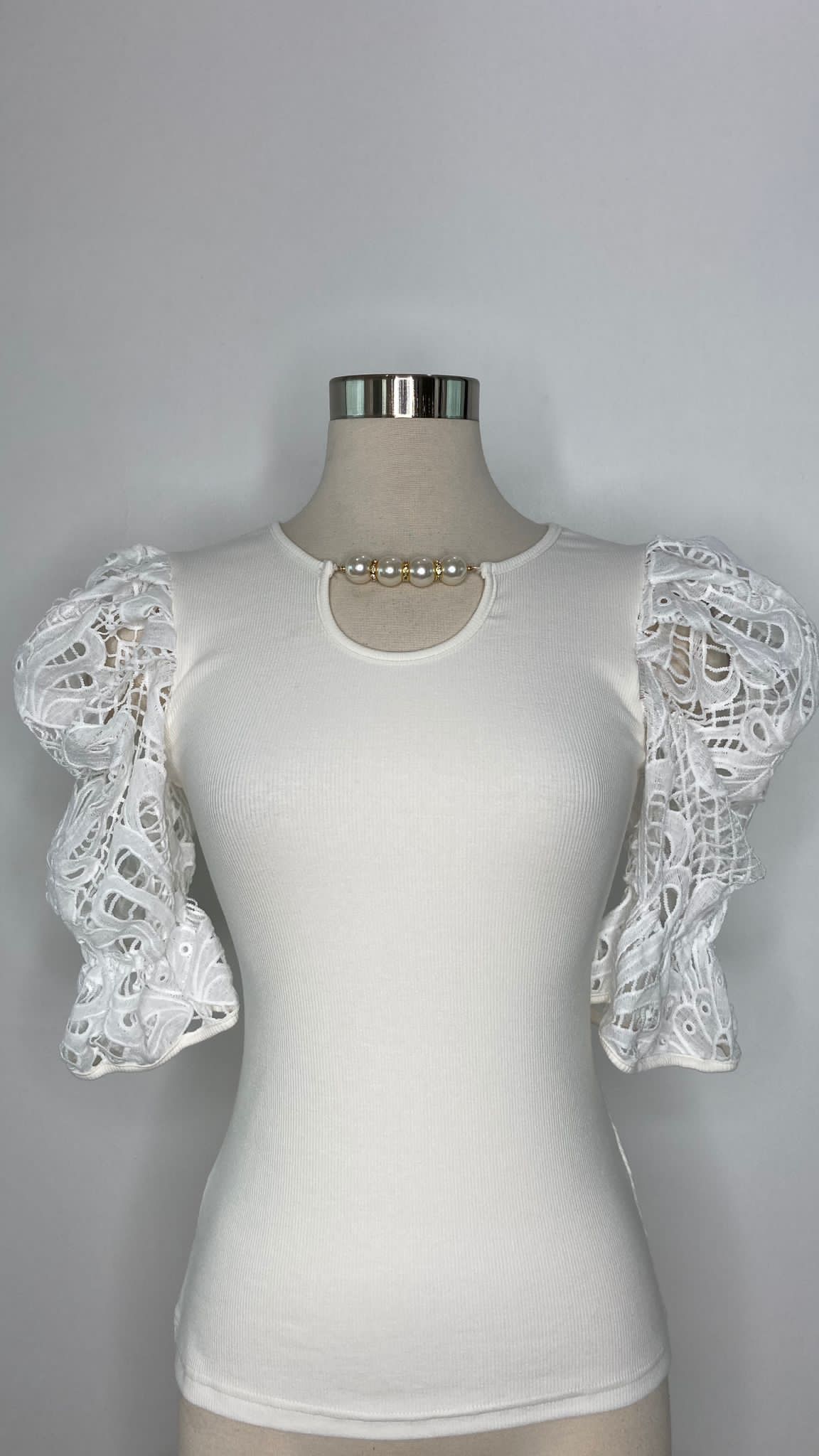 Knitted Solid Pearl Trim Top with Laced Sleeve