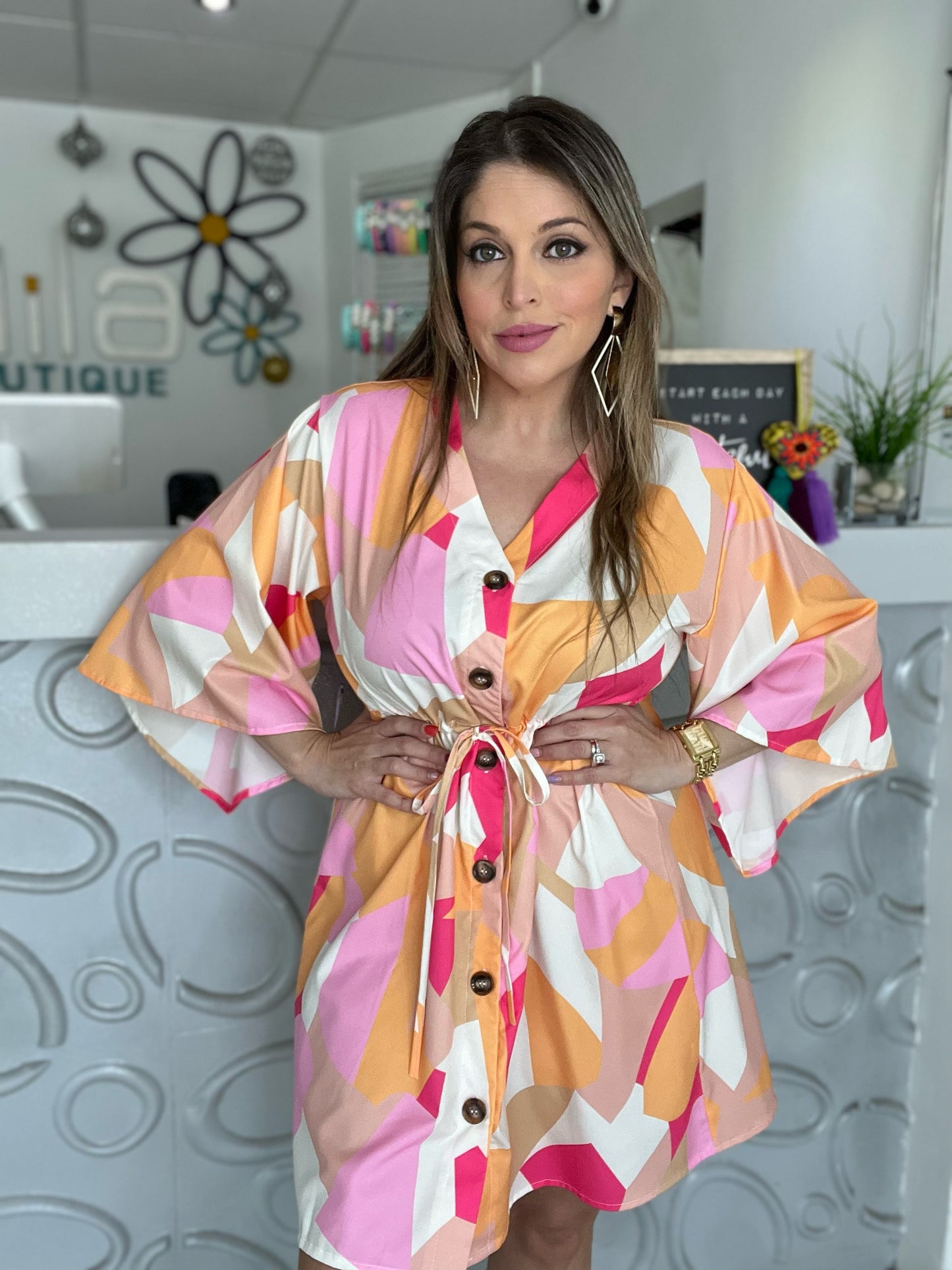 Print Button Front Drawstring Dress