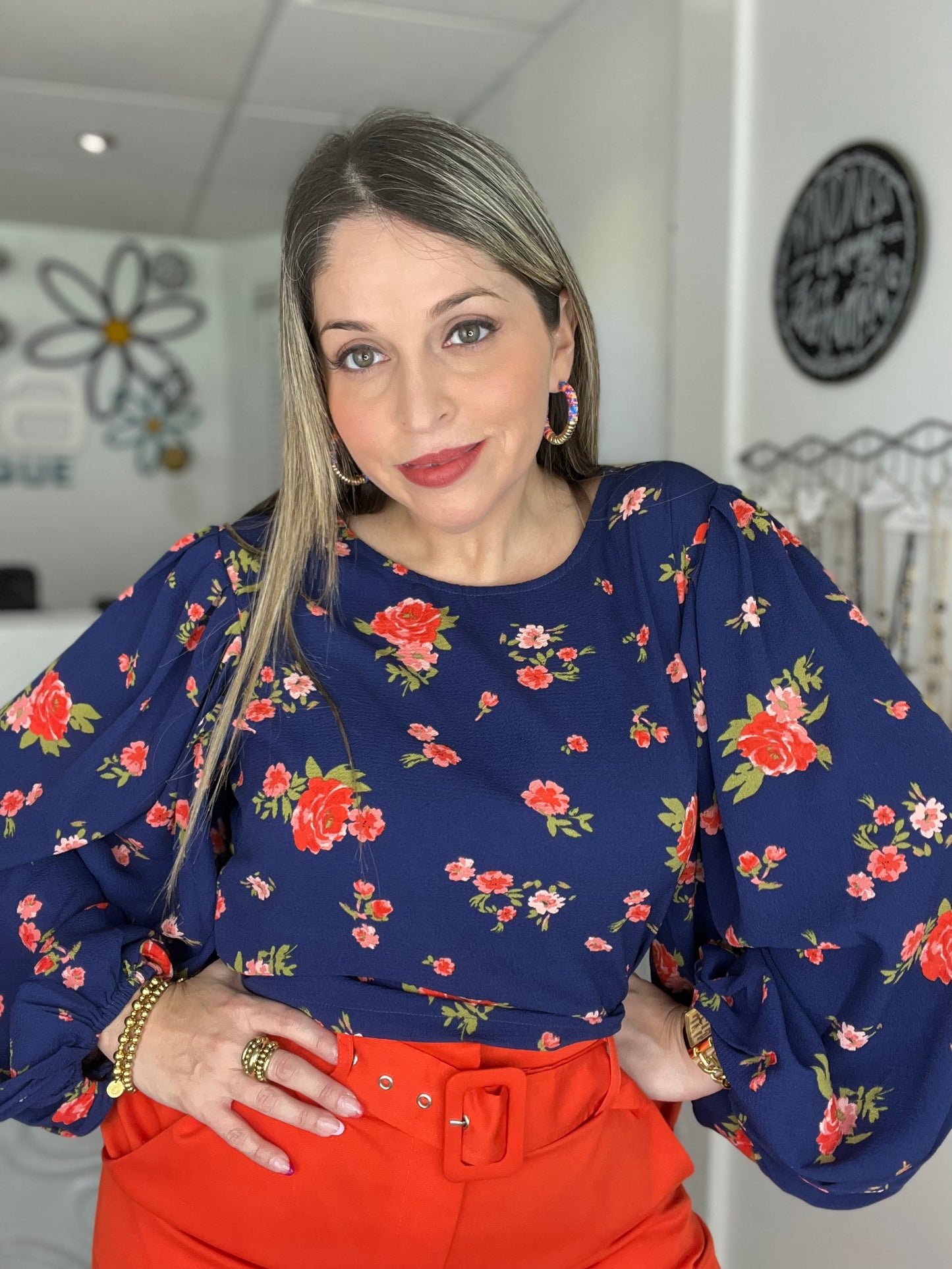 Balloon Sleeve Navy Floral Top