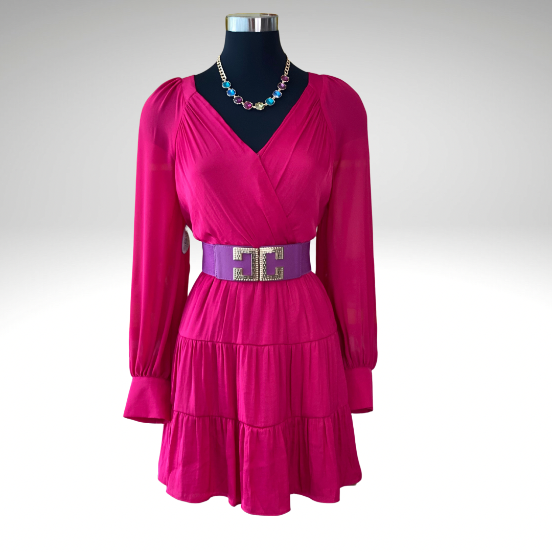 Contrast Long Sleeve Surplice Tiered Dress (Pick Color)