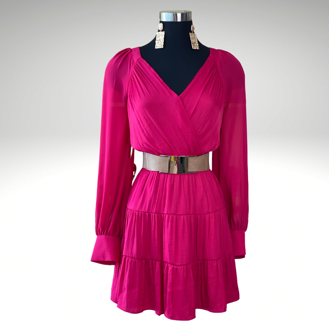 Contrast Long Sleeve Surplice Tiered Dress (Pick Color)