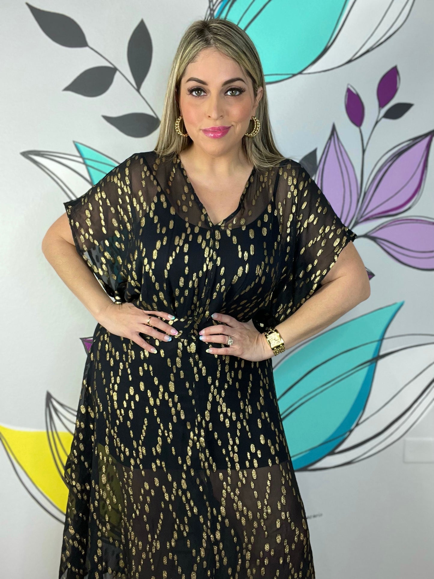 Gold Sequin Kimono Sleeve Maxi Dress