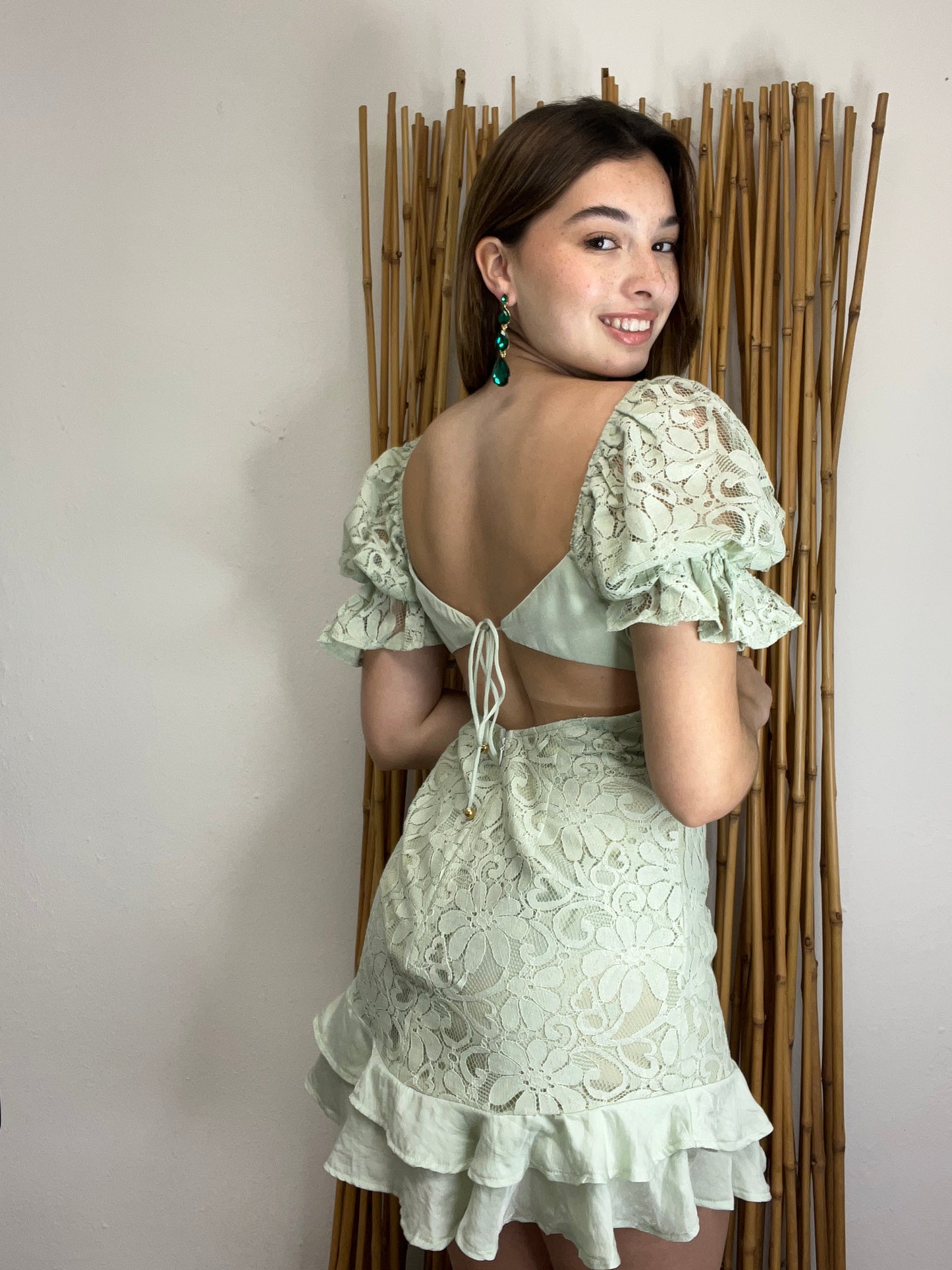Double Frill Hem Puff Sleeves Lined Lace Dress