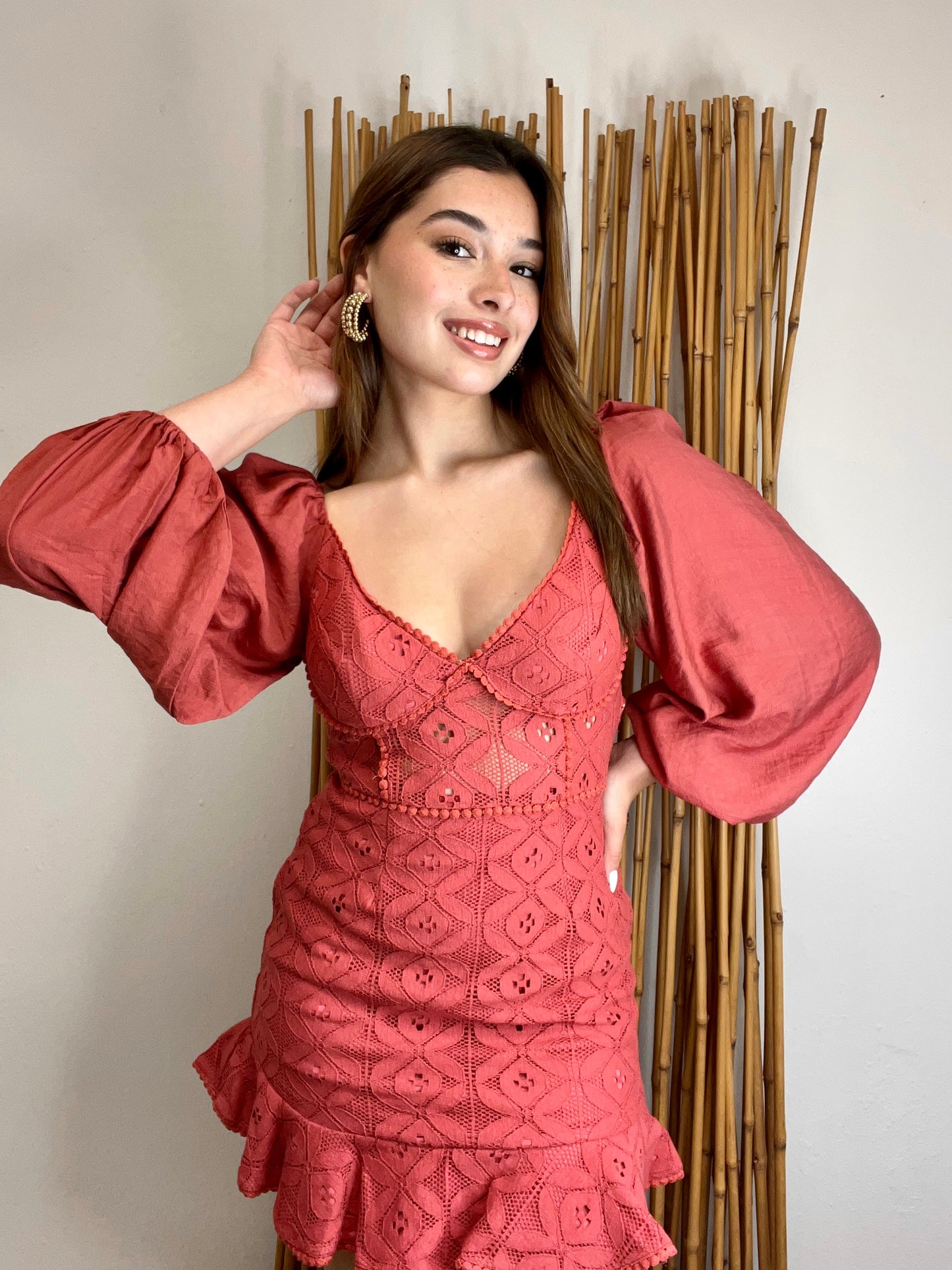 Long Balloon Sleeved Lace Bustier Dress