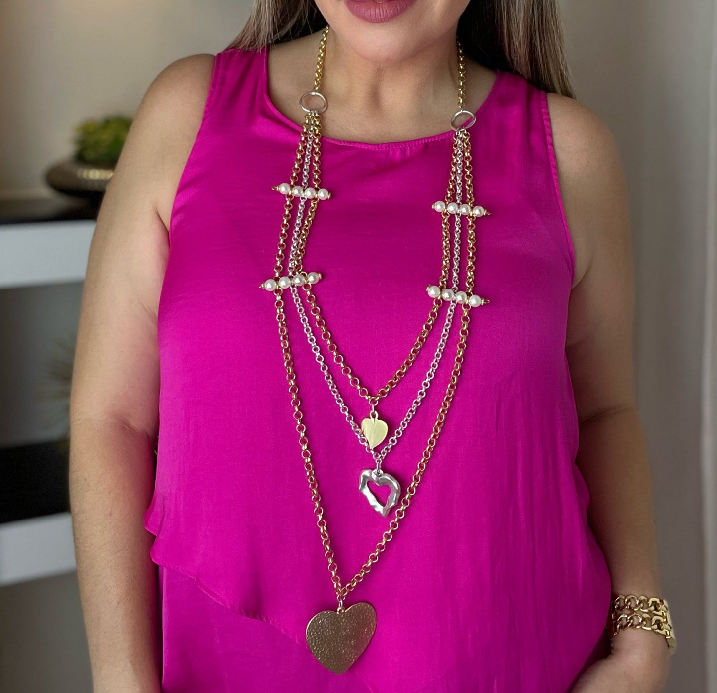 Pearls Two Tones Heart Turkish Necklace