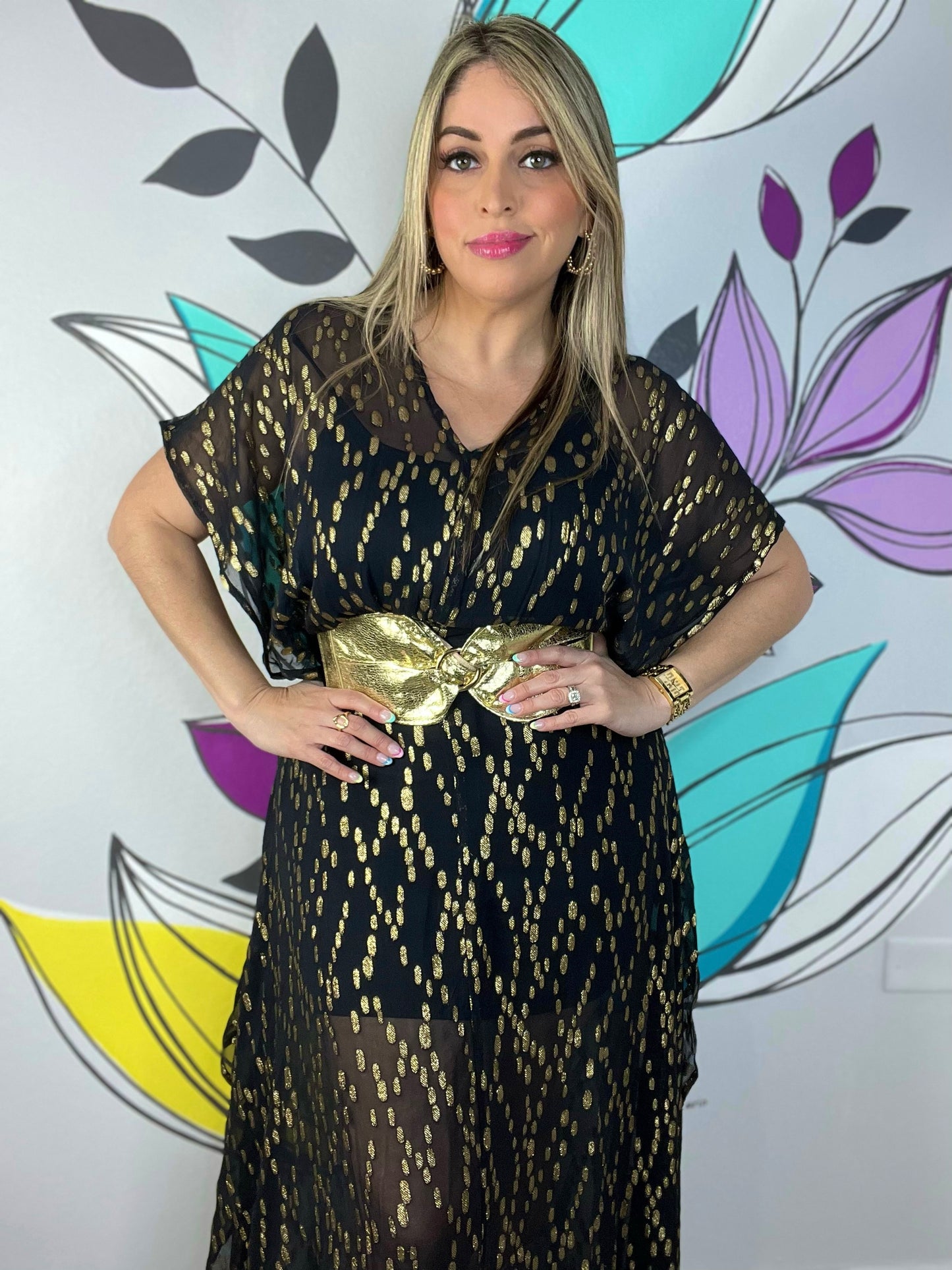Gold Sequin Kimono Sleeve Maxi Dress