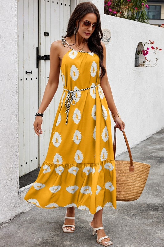 One Shoulder Print Belt Sleeveless Ruffle Dress