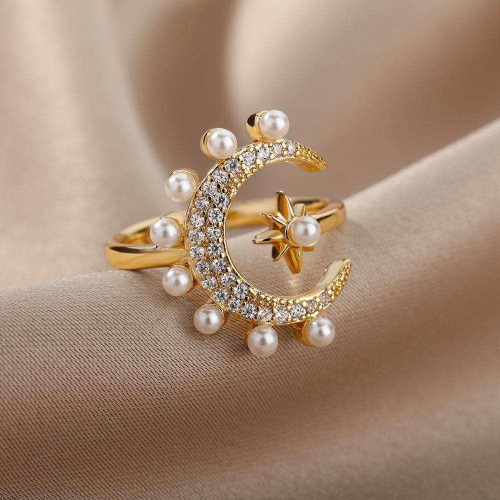 Moon Star Pearl Rhinestone Ring