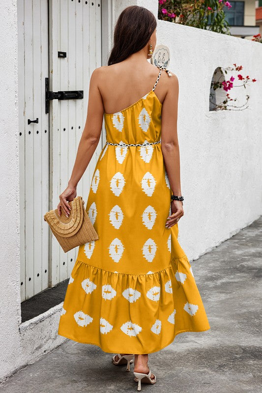 One Shoulder Print Belt Sleeveless Ruffle Dress