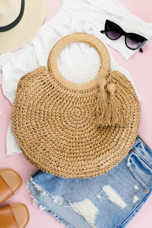 Straw Tassel O-Ring Tote  (Pick Color)