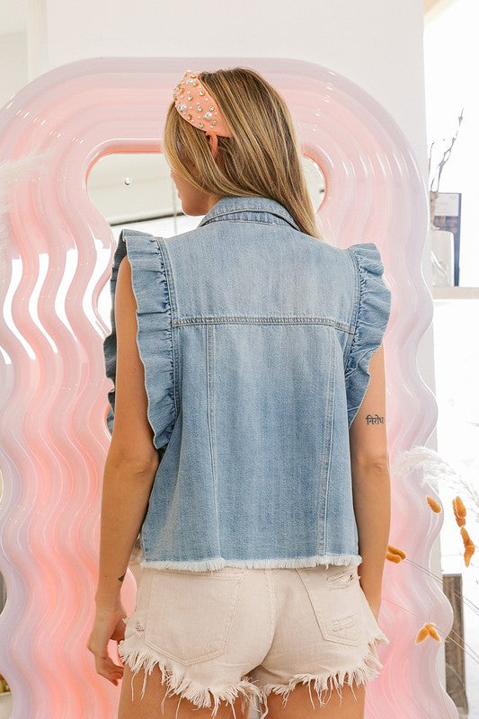 Ruffled Sleeve Denim Jacket