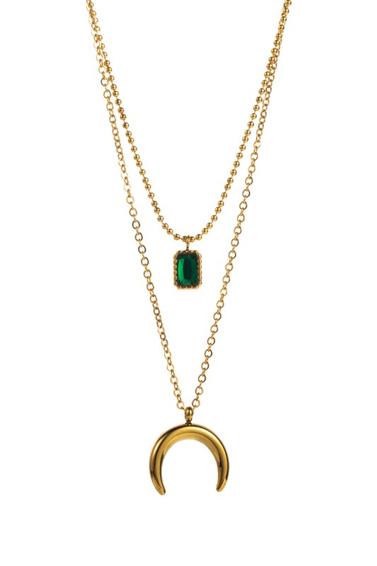 Stainless Steel Chain Green Stone & Moon Pendant Necklace