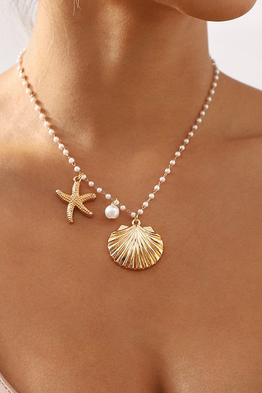 Pearl Chain Starfish Shell Pendant Necklace