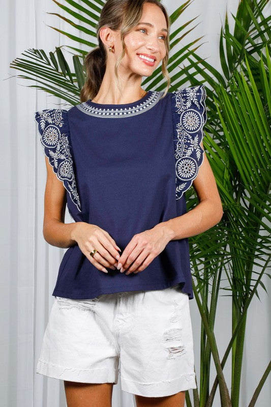 Ruffle Sleeve Embroidery Detail Top