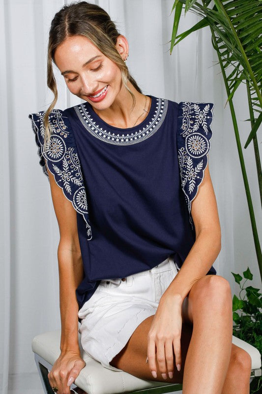 Ruffle Sleeve Embroidery Detail Top