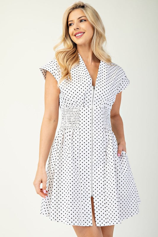 V-Neck Cuffs Sleeve Polka Dots Zipper Dress